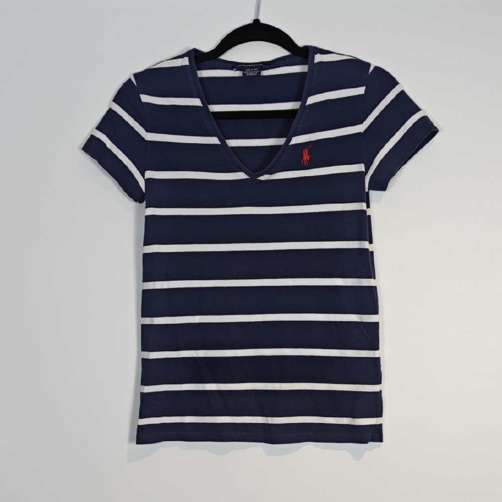 RALPH LAUREN SPORT 100% Pima Cotton Navy and White Striped Tee Size Small